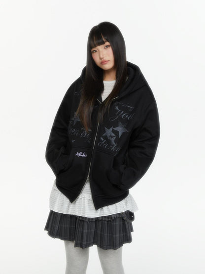atrandom Embroidered Print Two Way Zip Hooded Women&