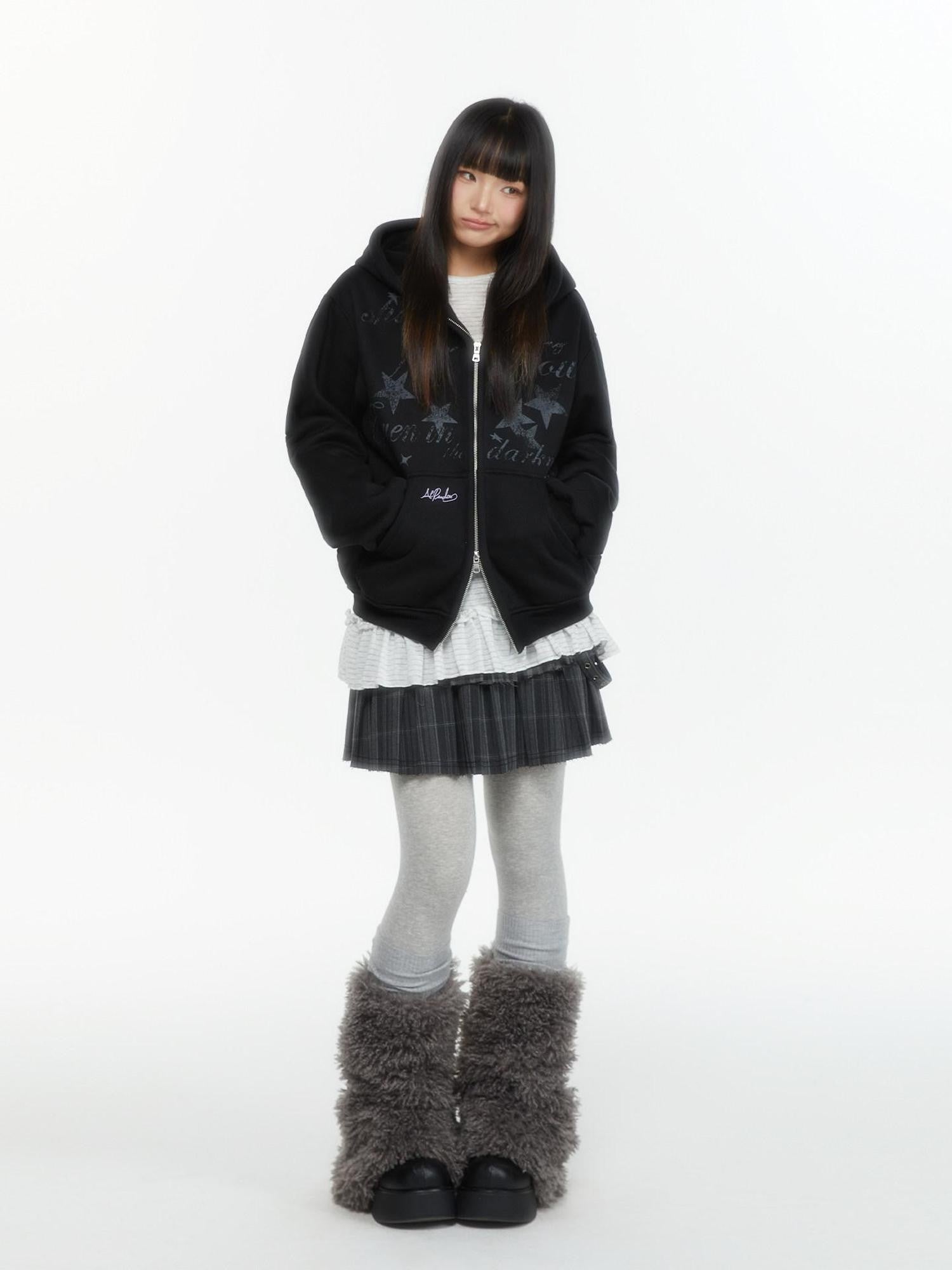 atrandom Embroidered Print Two Way Zip Hooded Women&