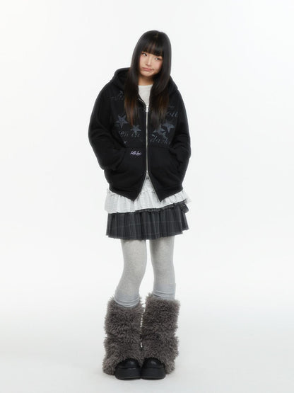 atrandom Embroidered Print Two Way Zip Hooded Women&
