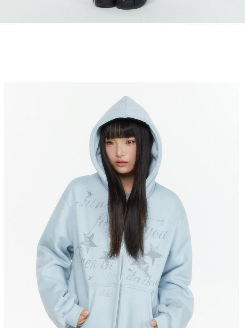 atrandom Embroidered Print Two Way Zip Hooded Women&