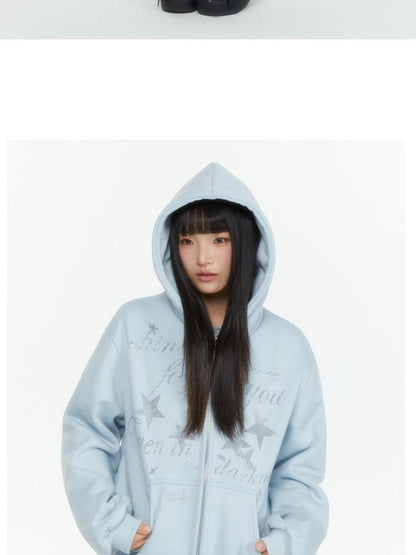 atrandom Embroidered Print Two Way Zip Hooded Women&