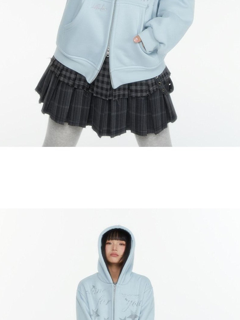 atrandom Embroidered Print Two Way Zip Hooded Women&