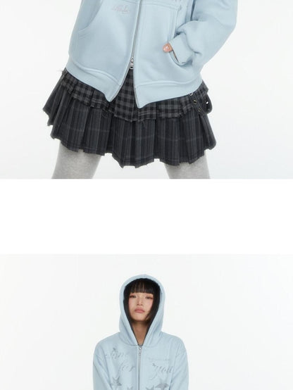atrandom Embroidered Print Two Way Zip Hooded Women&