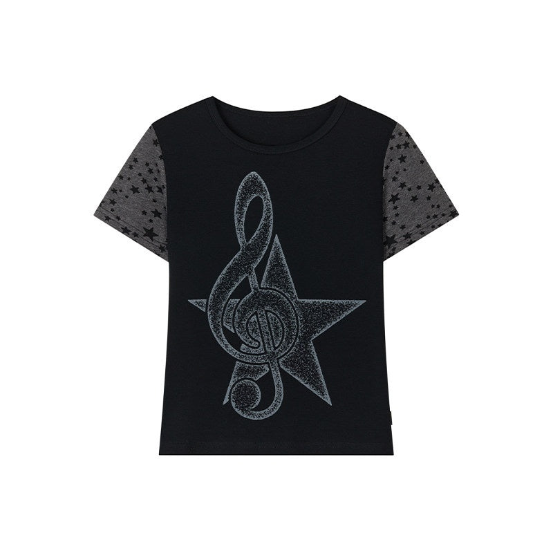 atrandom_Faded_Musical_Note_Print_Patchwork_Cap_Sleeve_Women&