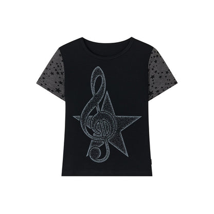 atrandom_Faded_Musical_Note_Print_Patchwork_Cap_Sleeve_Women&