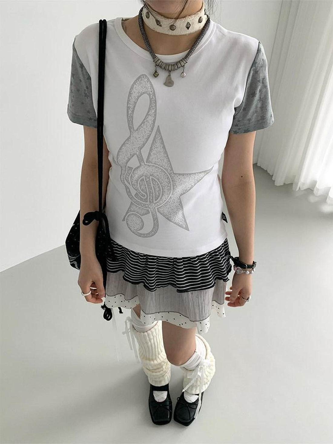 atrandom Faded Musical Note Print Patchwork Cap Sleeve Women&