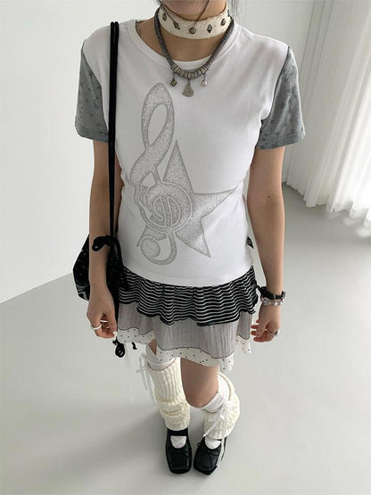 atrandom Faded Musical Note Print Patchwork Cap Sleeve Women&