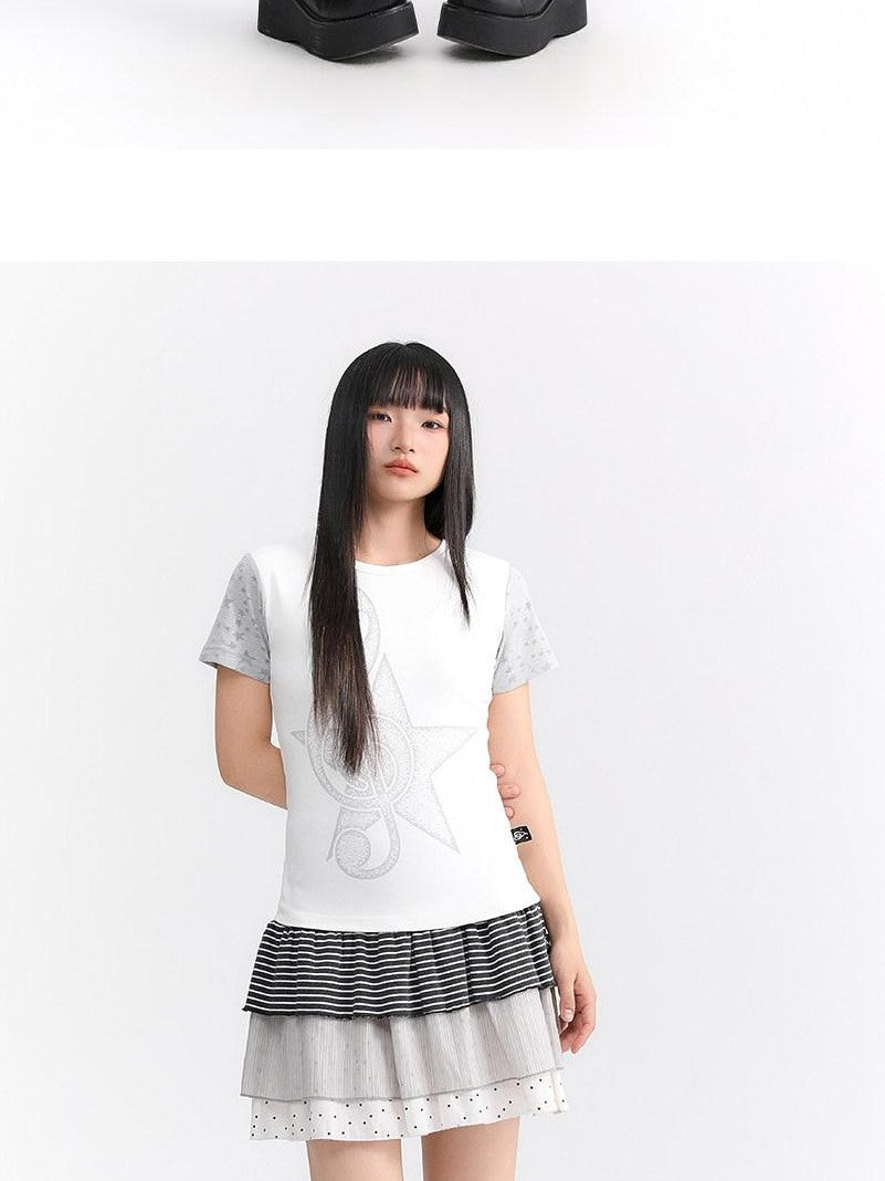 atrandom Faded Musical Note Print Patchwork Cap Sleeve Women&