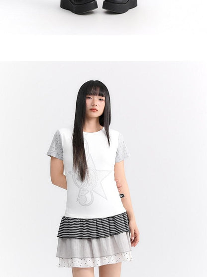 atrandom Faded Musical Note Print Patchwork Cap Sleeve Women&