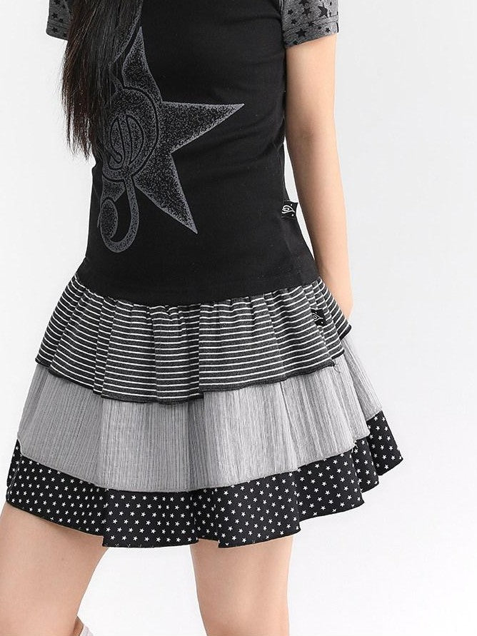 atrandom Faded Musical Note Print Patchwork Cap Sleeve Women&