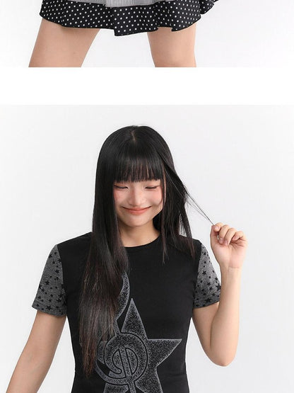 atrandom Faded Musical Note Print Patchwork Cap Sleeve Women&