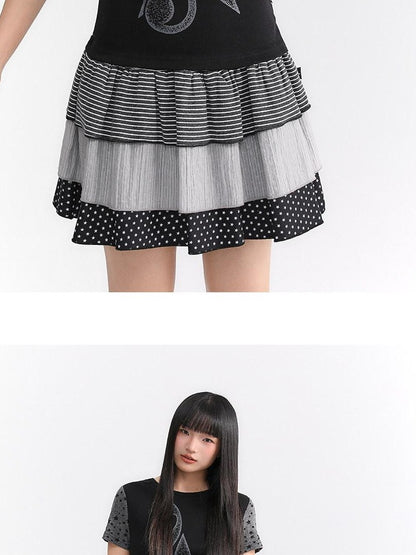 atrandom Faded Musical Note Print Patchwork Cap Sleeve Women&