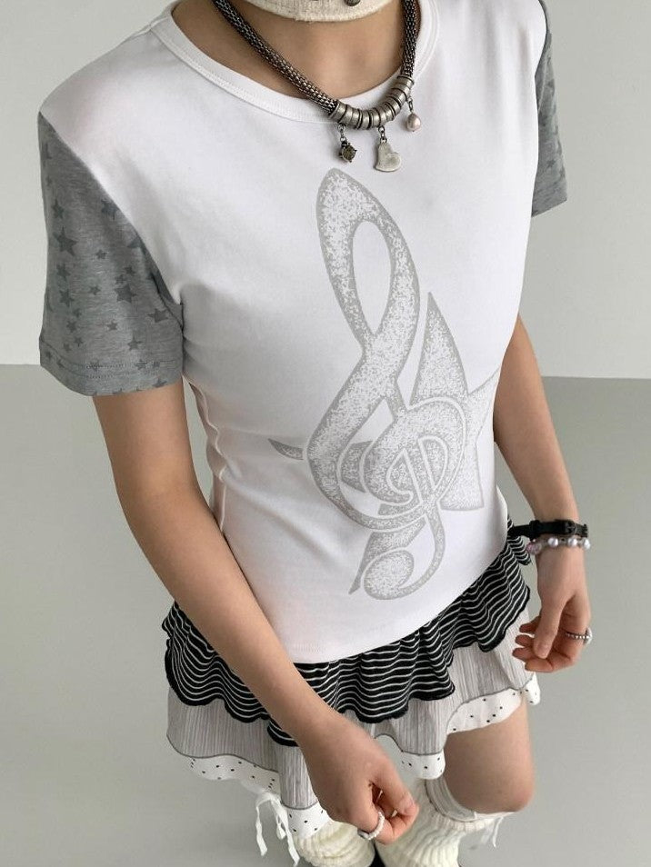 atrandom Faded Musical Note Print Patchwork Cap Sleeve Women&