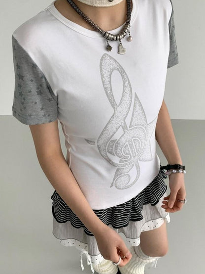 atrandom Faded Musical Note Print Patchwork Cap Sleeve Women&