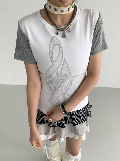 atrandom Faded Musical Note Print Patchwork Cap Sleeve Women&