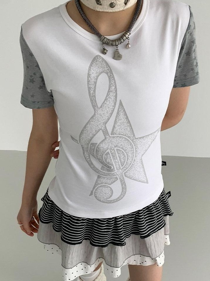 atrandom Faded Musical Note Print Patchwork Cap Sleeve Women&
