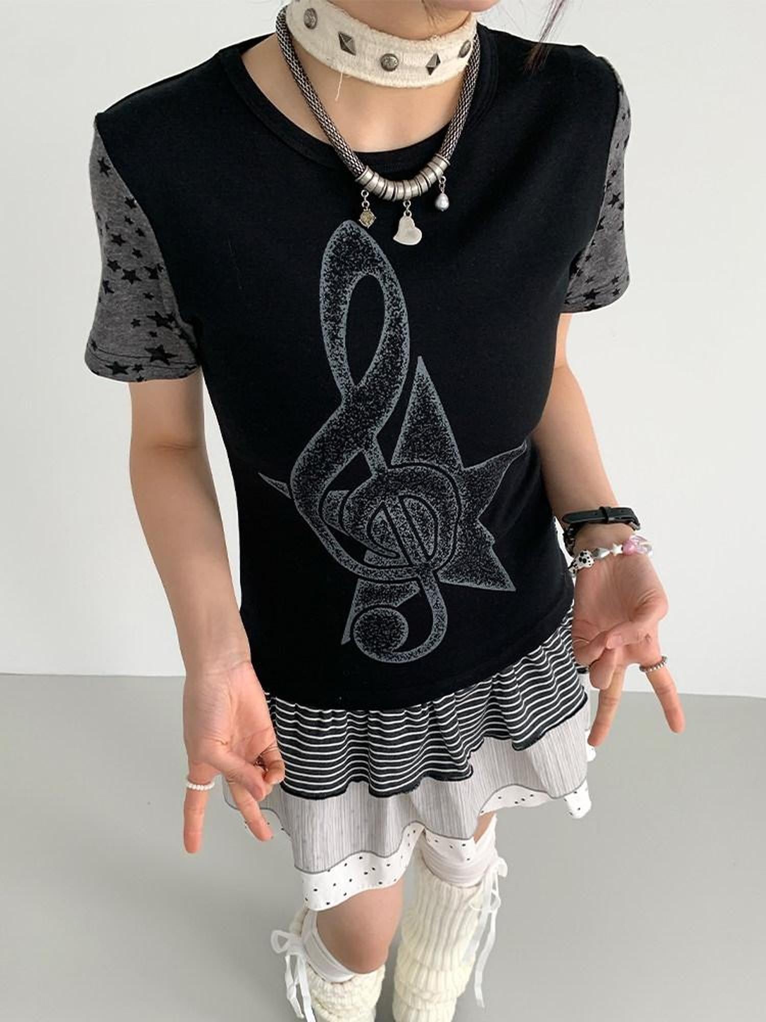 atrandom Faded Musical Note Print Patchwork Cap Sleeve Women&