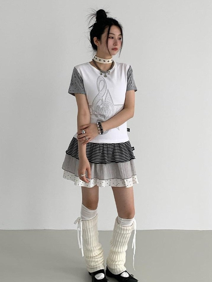 atrandom Faded Musical Note Print Patchwork Cap Sleeve Women&