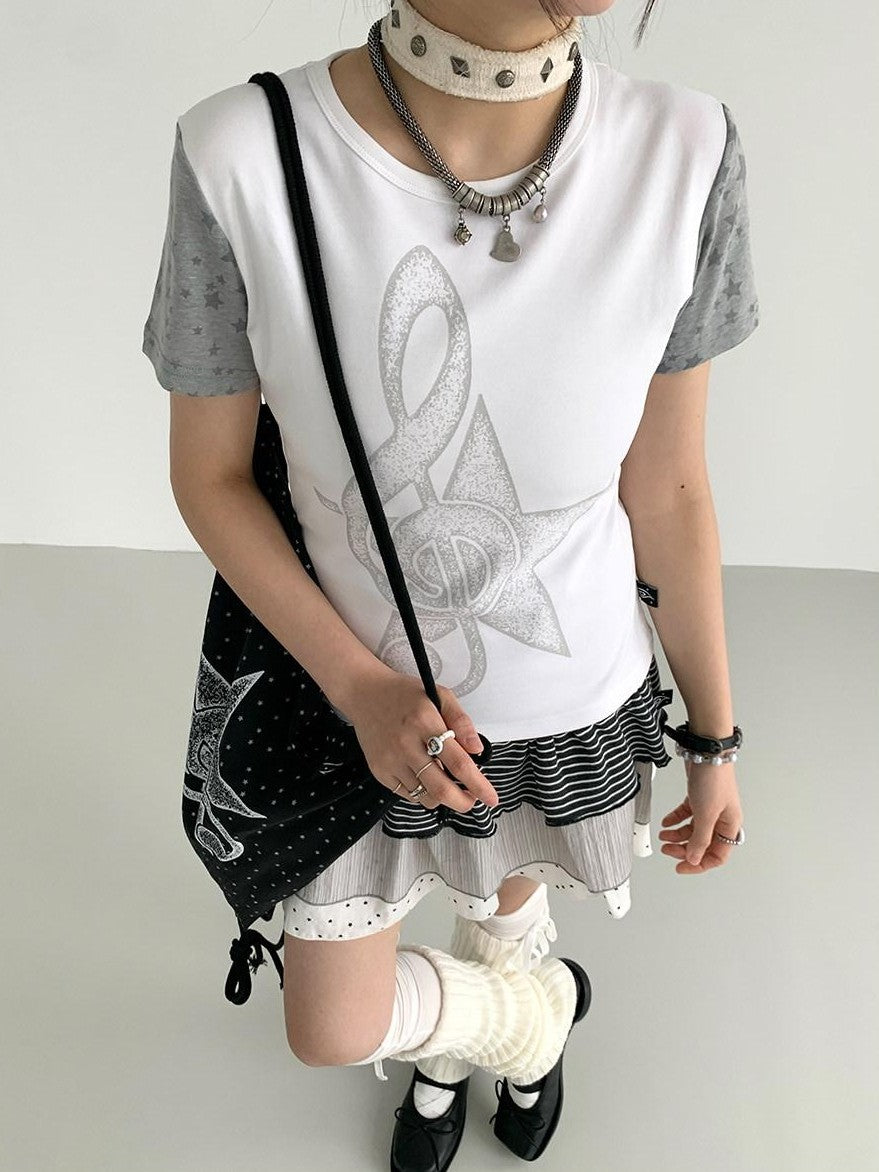 atrandom Faded Musical Note Print Patchwork Cap Sleeve Women&