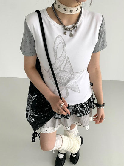 atrandom Faded Musical Note Print Patchwork Cap Sleeve Women&