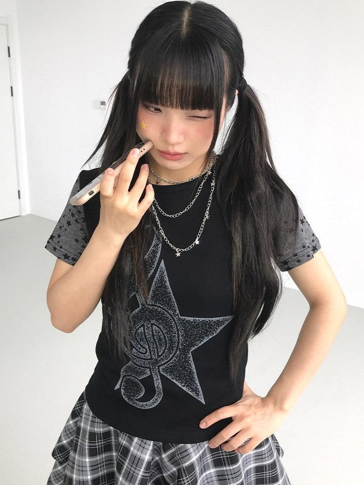 atrandom Faded Musical Note Print Patchwork Cap Sleeve Women&
