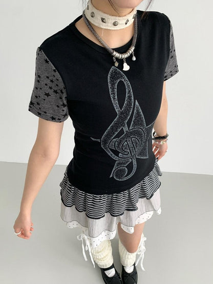 atrandom Faded Musical Note Print Patchwork Cap Sleeve Women&