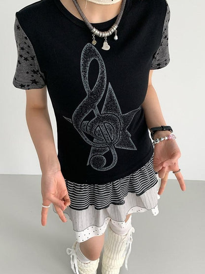 atrandom Faded Musical Note Print Patchwork Cap Sleeve Women&