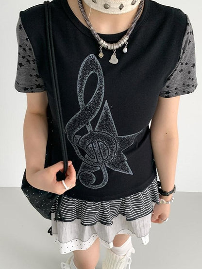 atrandom Faded Musical Note Print Patchwork Cap Sleeve Women&