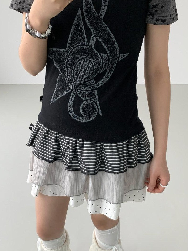 atrandom Faded Musical Note Print Patchwork Cap Sleeve Women&