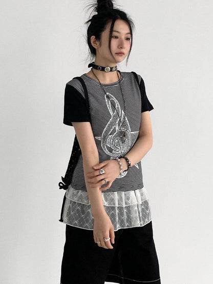 atrandom Faded Musical Note Print Patchwork Cap Sleeve Women&