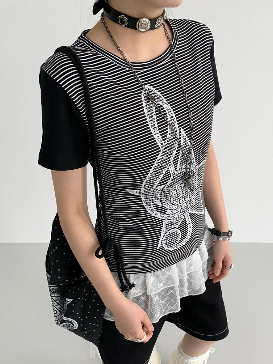 atrandom Faded Musical Note Print Patchwork Cap Sleeve Women&