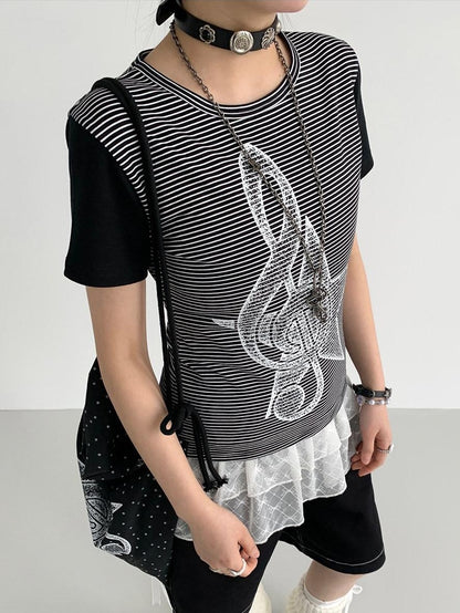 atrandom Faded Musical Note Print Patchwork Cap Sleeve Women&