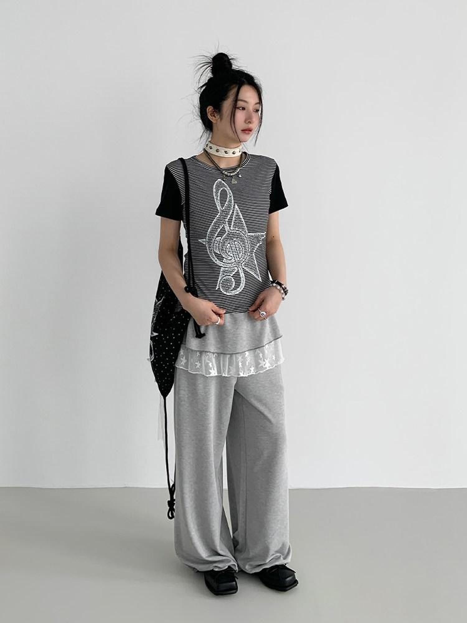 atrandom Faded Musical Note Print Patchwork Cap Sleeve Women&