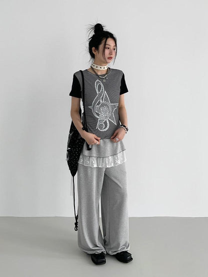 atrandom Faded Musical Note Print Patchwork Cap Sleeve Women&
