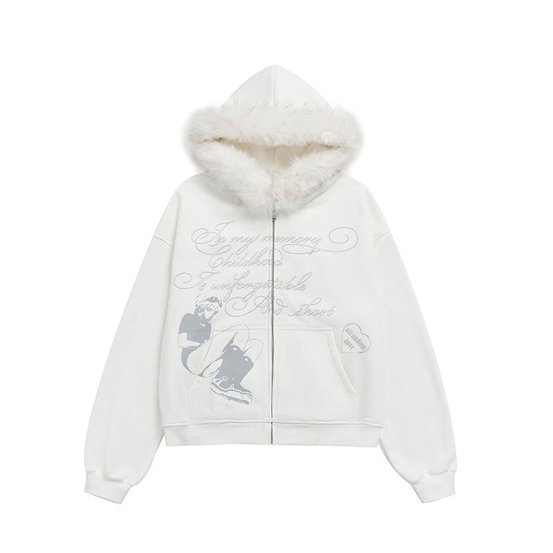atrandom_Gray_Allover_Letter_Print_Fur_Trim_Fleece_Women&