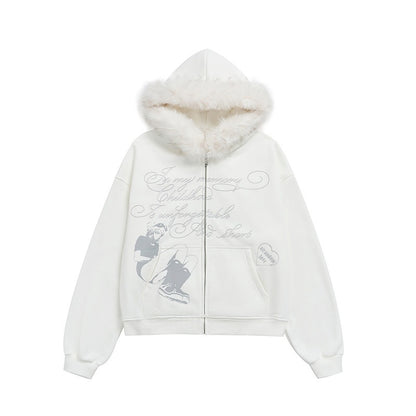 atrandom_Gray_Allover_Letter_Print_Fur_Trim_Fleece_Women&