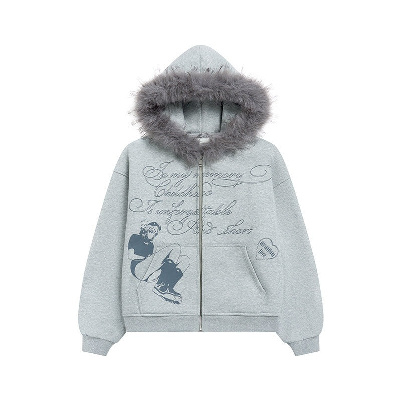 atrandom_Gray_Allover_Letter_Print_Fur_Trim_Fleece_Women&