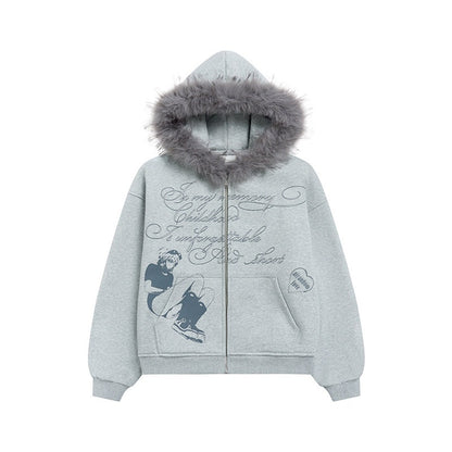 atrandom_Gray_Allover_Letter_Print_Fur_Trim_Fleece_Women&