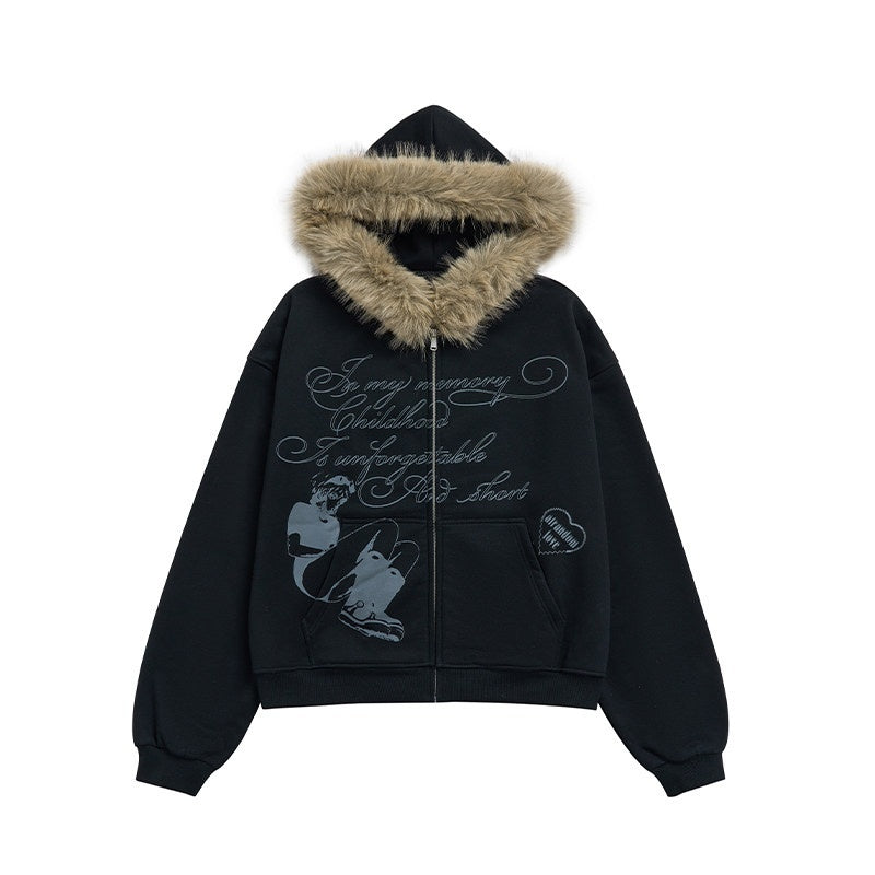 atrandom_Gray_Allover_Letter_Print_Fur_Trim_Fleece_Women&