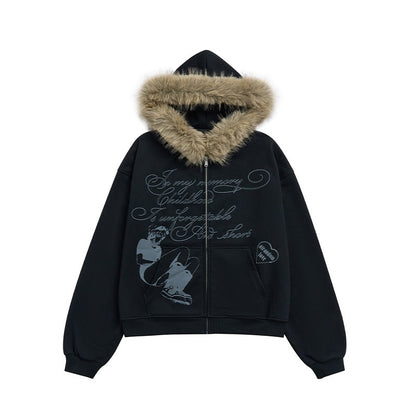atrandom_Gray_Allover_Letter_Print_Fur_Trim_Fleece_Women&