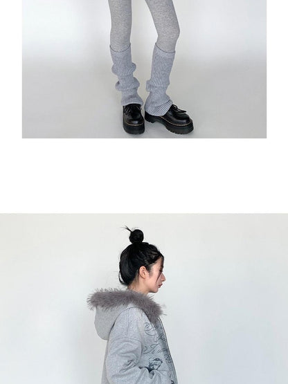 atrandom Gray Allover Letter Print Fur Trim Fleece Women&