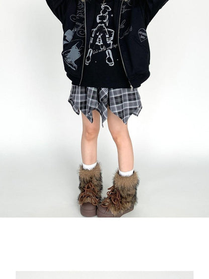 atrandom Gray Allover Letter Print Fur Trim Fleece Women&