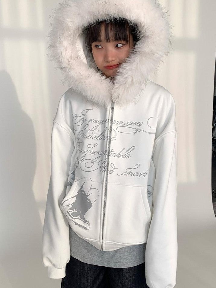 atrandom Gray Allover Letter Print Fur Trim Fleece Women&