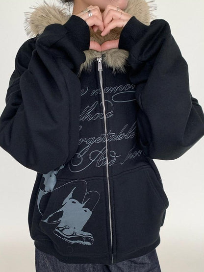 atrandom Gray Allover Letter Print Fur Trim Fleece Women&