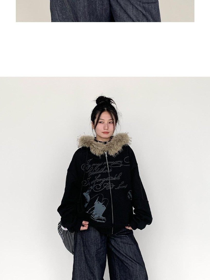 atrandom Gray Allover Letter Print Fur Trim Fleece Women&