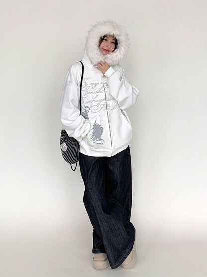 atrandom Gray Allover Letter Print Fur Trim Fleece Women&
