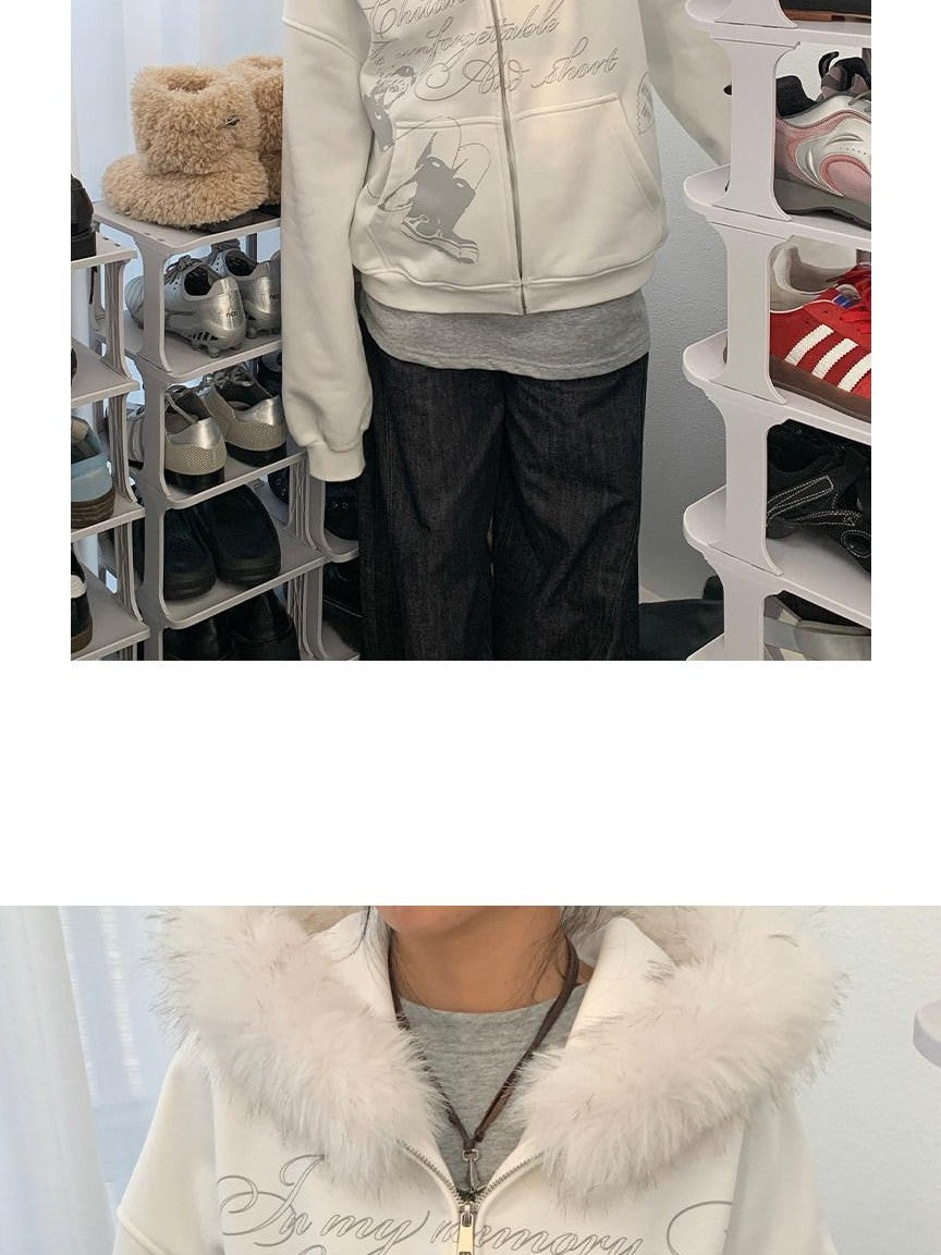 atrandom Gray Allover Letter Print Fur Trim Fleece Women&