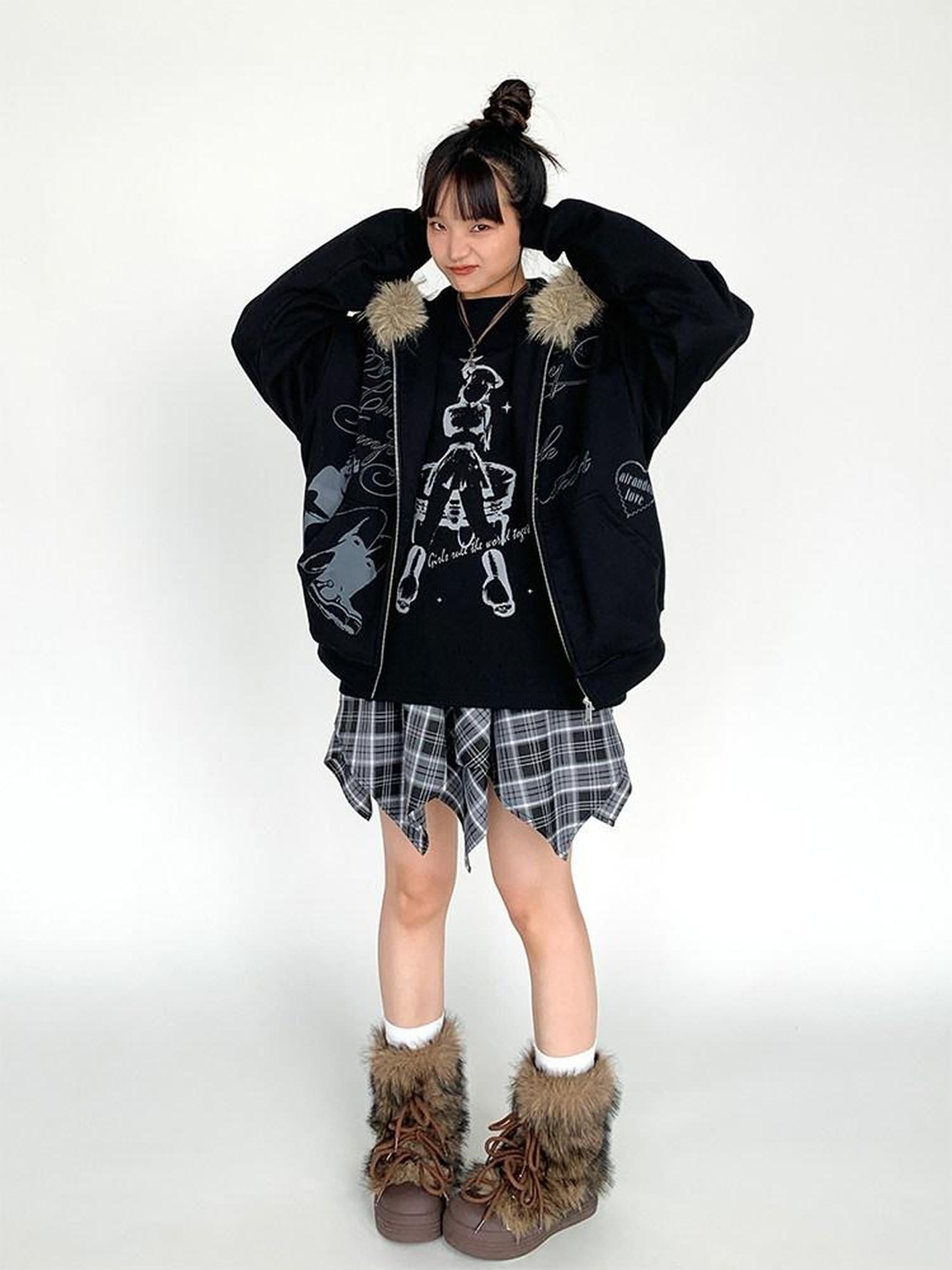 atrandom Gray Allover Letter Print Fur Trim Fleece Women&