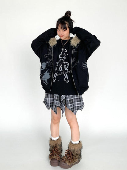 atrandom Gray Allover Letter Print Fur Trim Fleece Women&