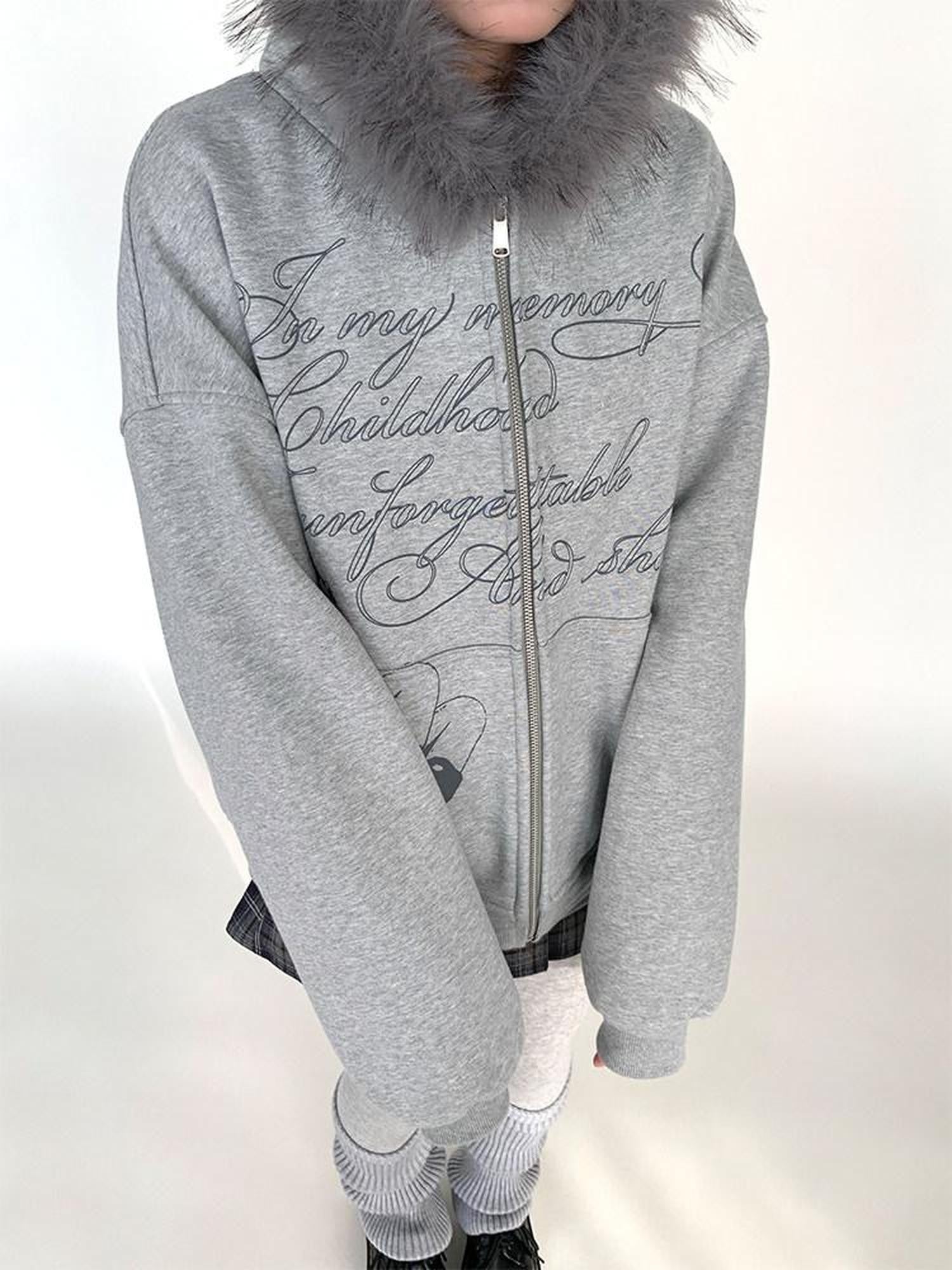 atrandom Gray Allover Letter Print Fur Trim Fleece Women&